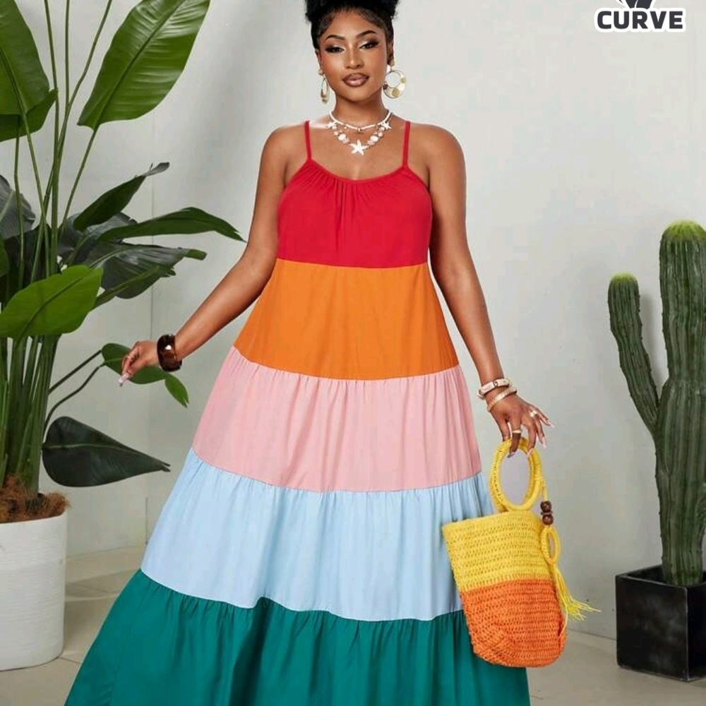 SHEIN Colorblock Tiered Maxi Dress in Red, Orange, Pink, Blue, Green - Picture 6 of 7